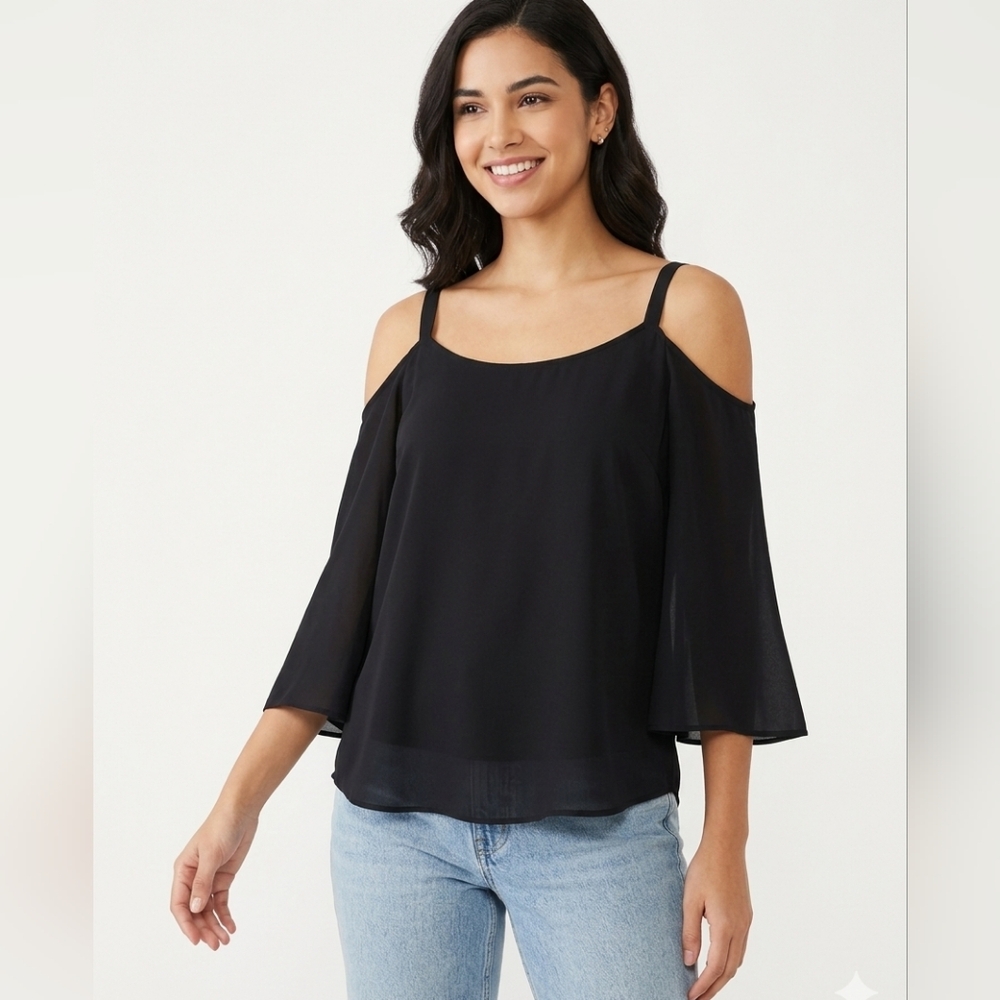 BOLD Elements Black Cold-Shoulder Bell Sleeve Blouse Size M